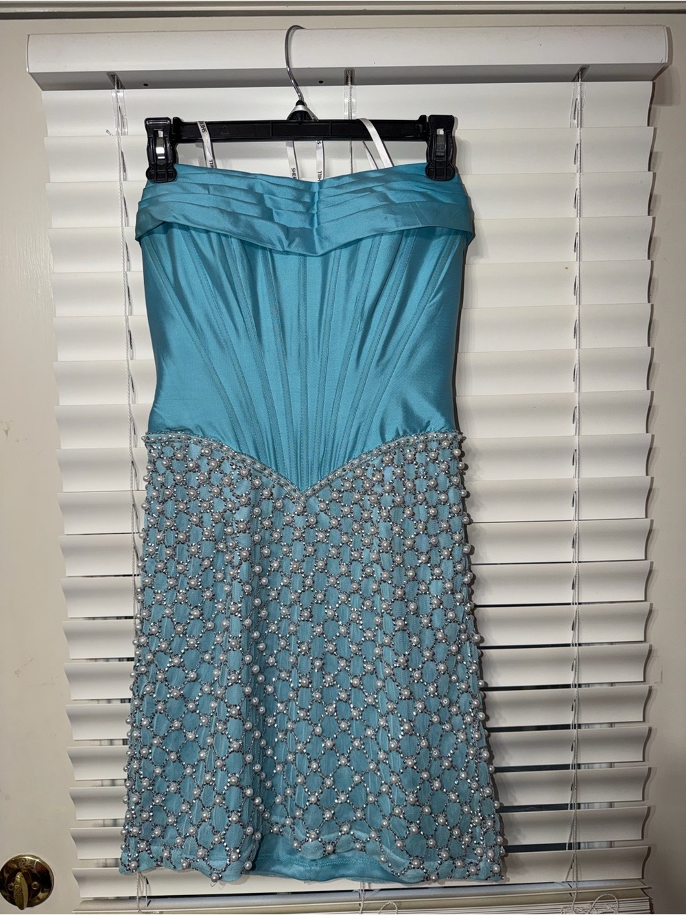 Sherri Hill Strapless Turquoise Beaded Cocktail Dress